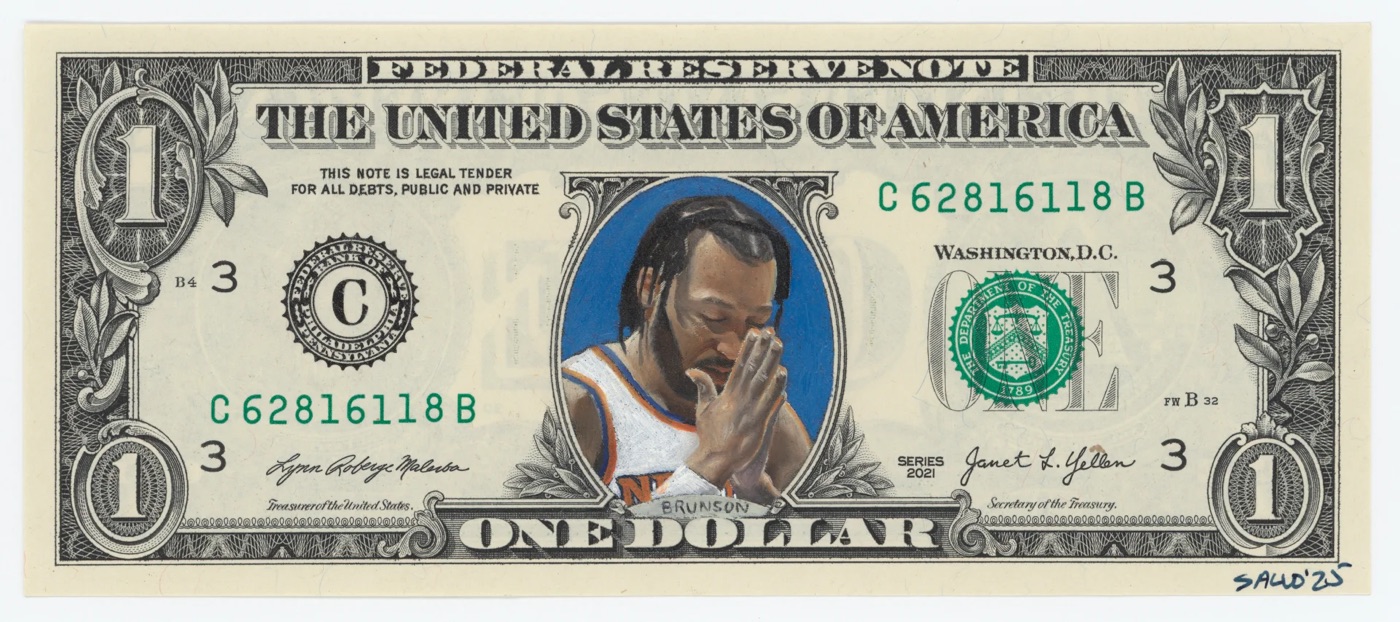 The Knicks Starting Five Painted on One Dollar Bills