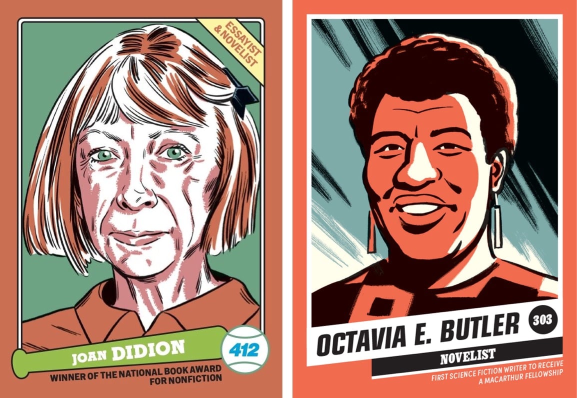 baseball card-style cards of Joan Didion and Octavia Butler