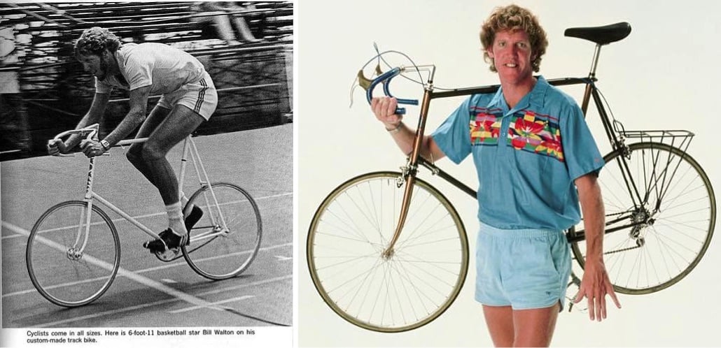 a pair of photos of Bill Walton with his bike