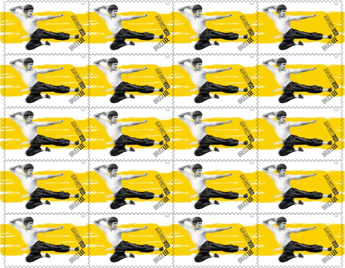 a block of stamps featuring Bruce Lee kicking the text on the stamp