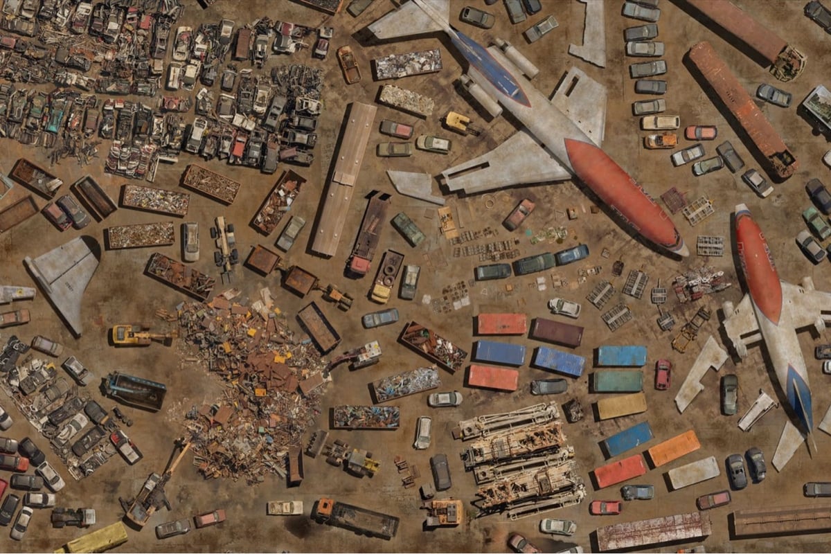 dense photographic collage of junkyard object