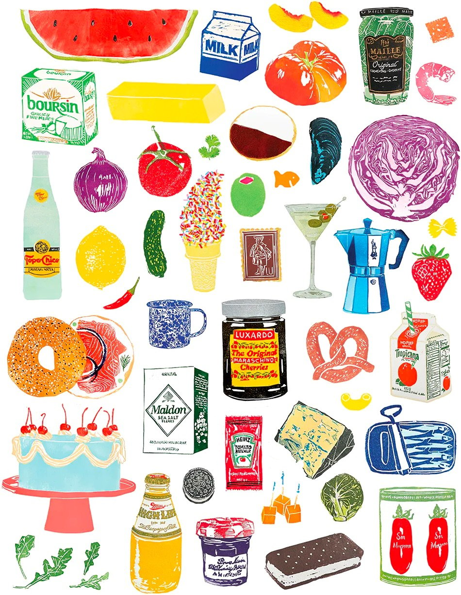 an colorful illustration with all kinds of foods and products on it