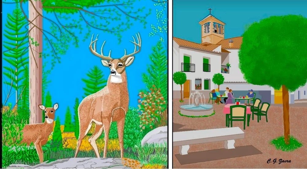 two digital paintings: the one on the left depicts two deer in a forest and the one on the right is of a small town square, probably in Spain