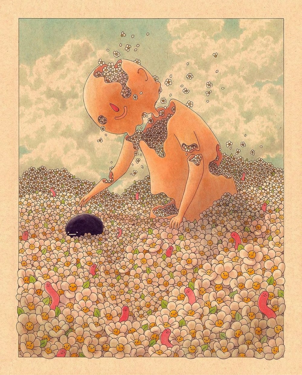 illustration of a large figure sitting in a bed of flowers