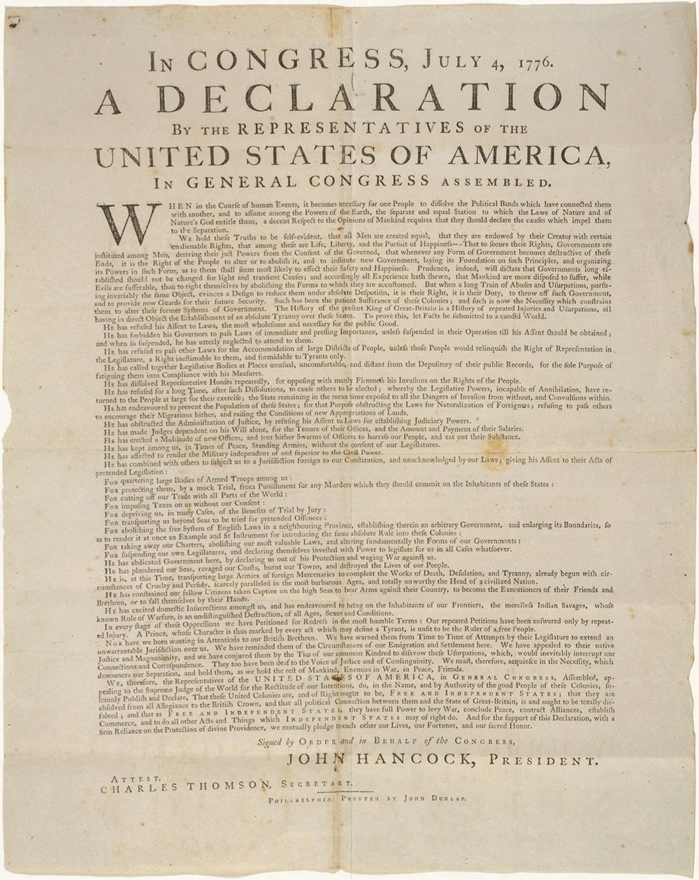 a copy of the original printing of the Declaration of Independence