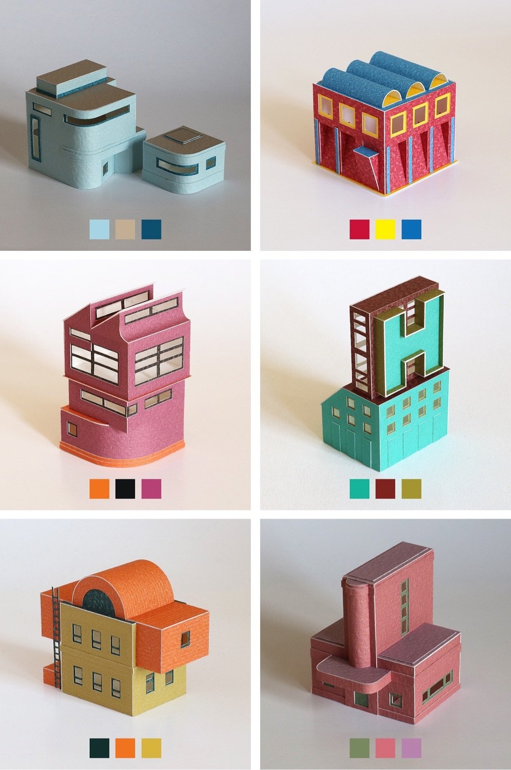 tidy papercraft houses each made using a palette of three to four colors