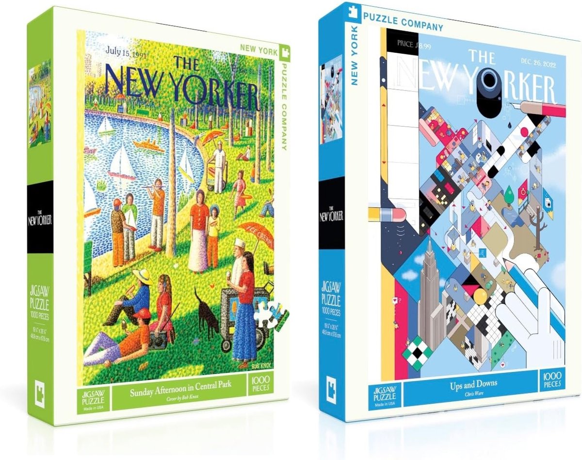 two puzzle boxes featuring New Yorker covers