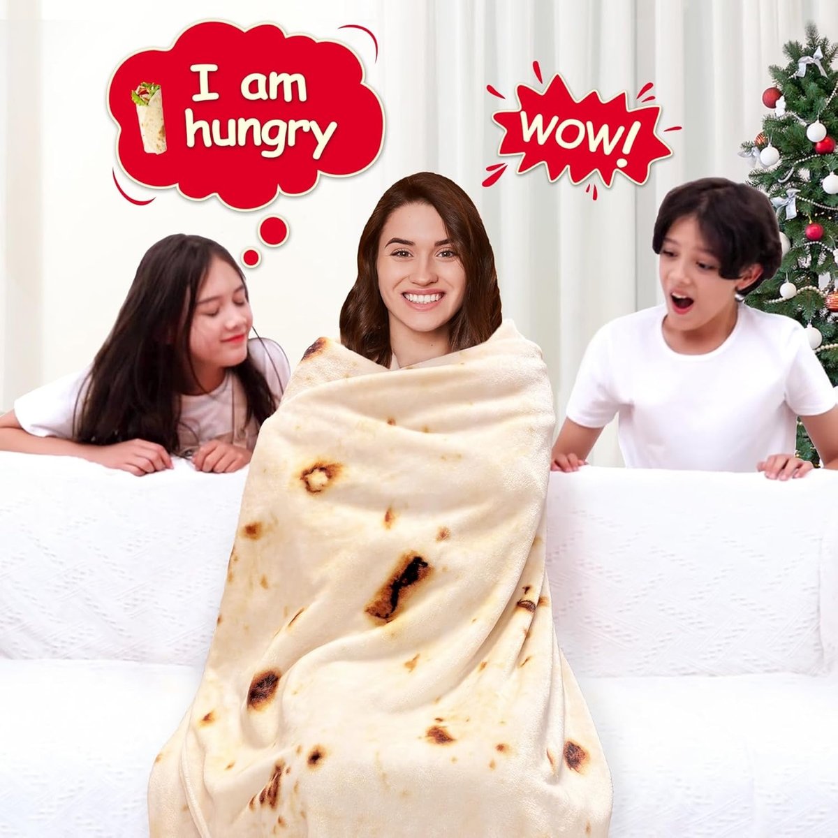 a woman on the sofa wrapped in a blanket that looks like a tortilla