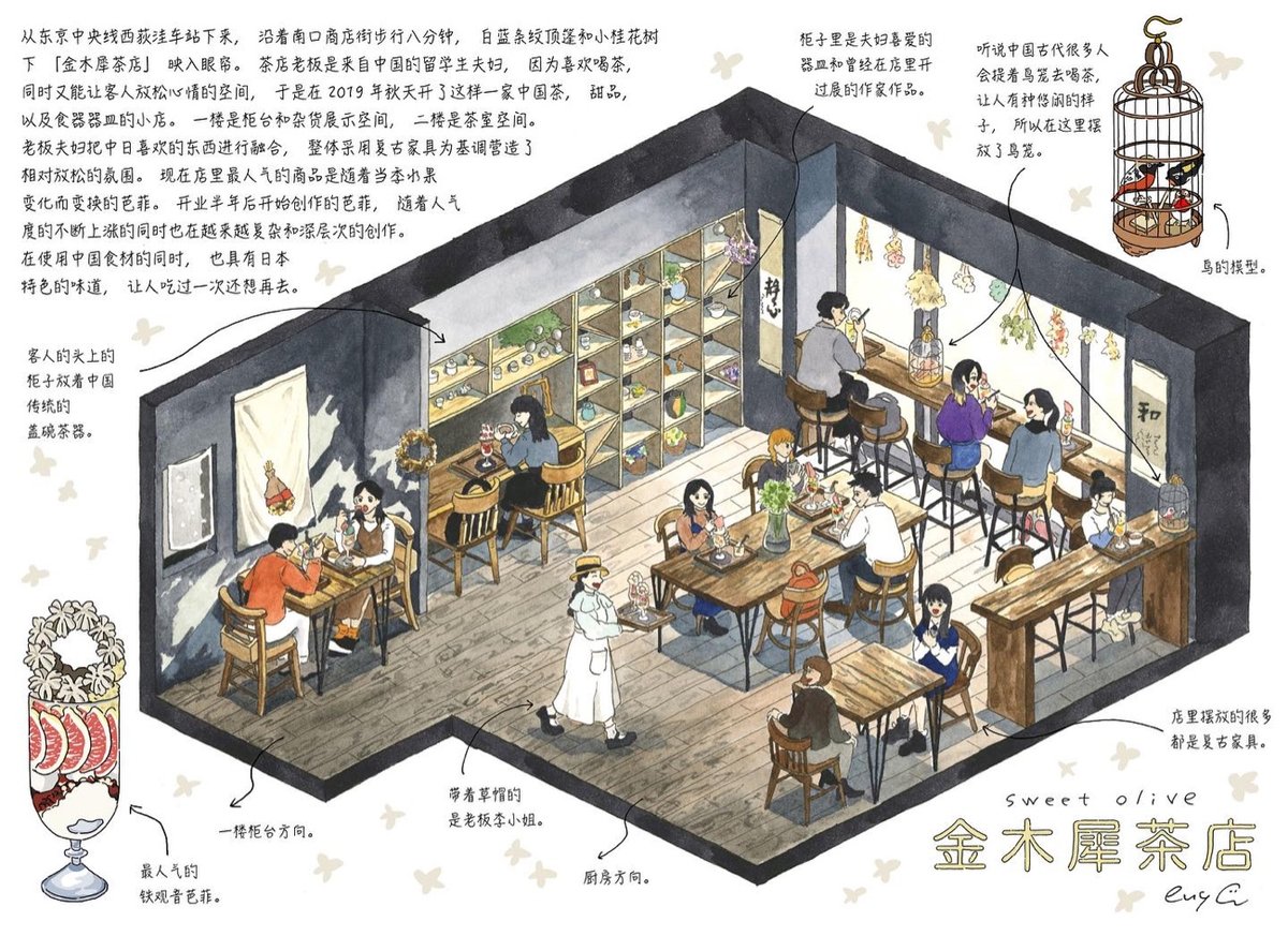 isometric cutaway drawing of a Japanese cafe