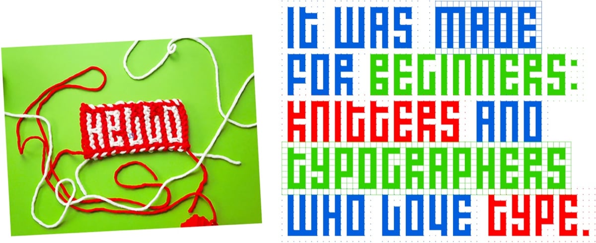 a knitted piece next to text that says 'it was made for beginners, knitters, and typographers who love type'