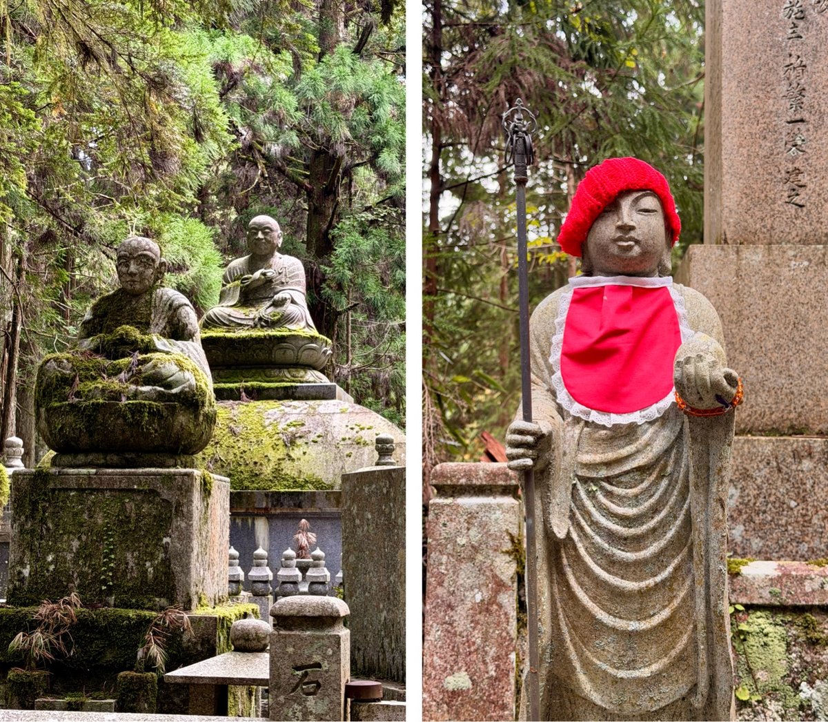 two photos, one of a pair of Buddhas atop gracestones and the other a Buddha wearing a jaunty cap and bib