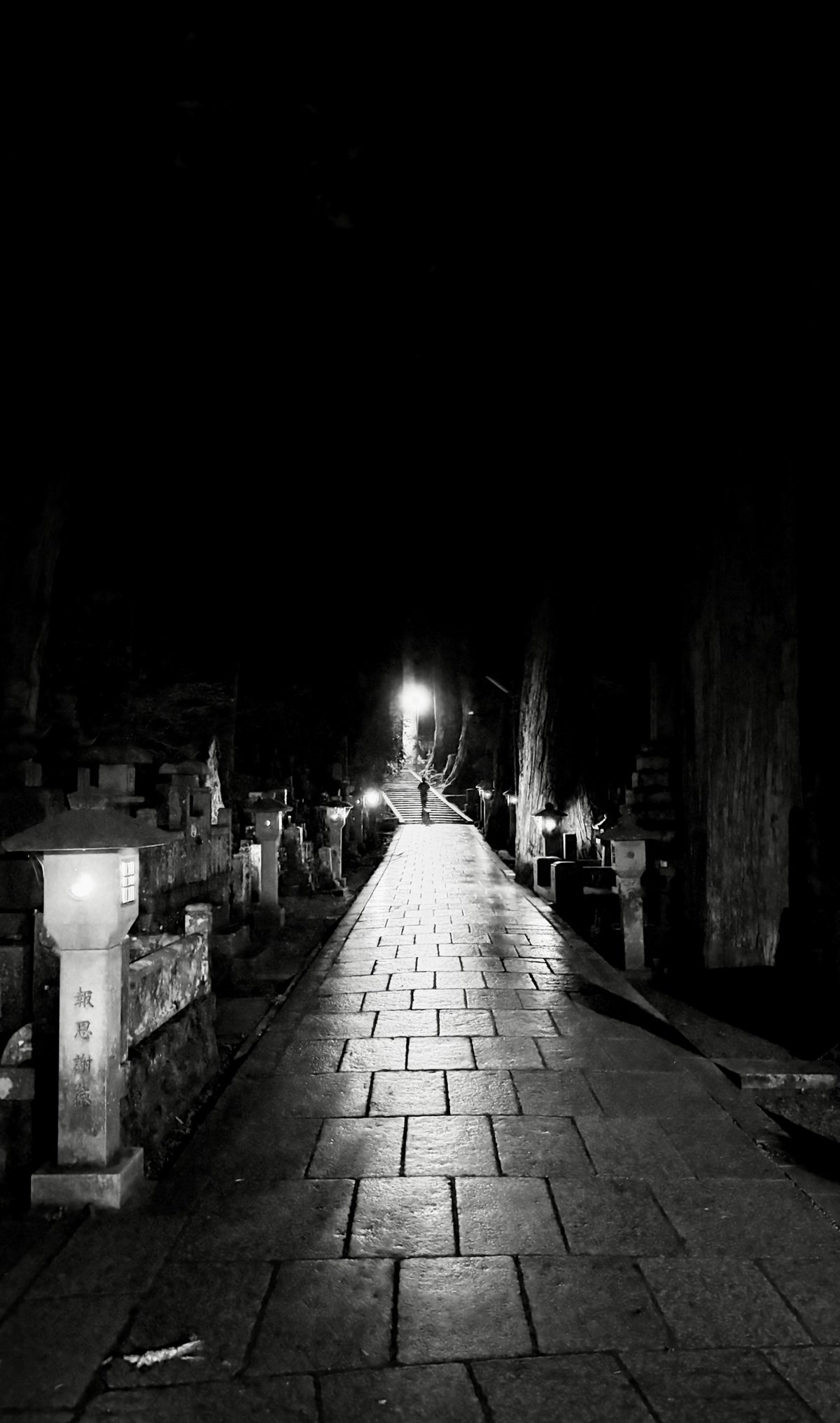 a black and white photo of a cemetery path at night. at the far end, a person's silouette is seen against some stairs