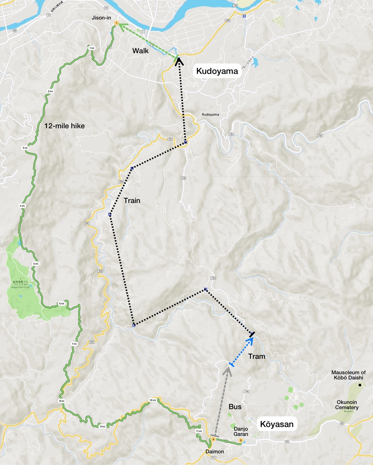 a map of the route I took down the mountain and then back up