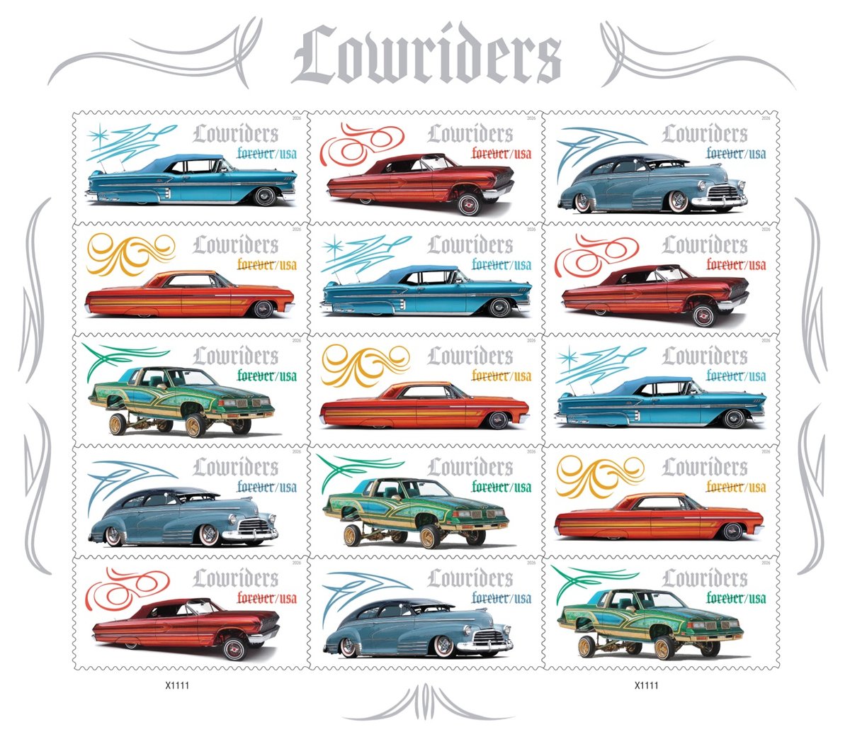 a block of stamps featuring brightly colored lowrider cars