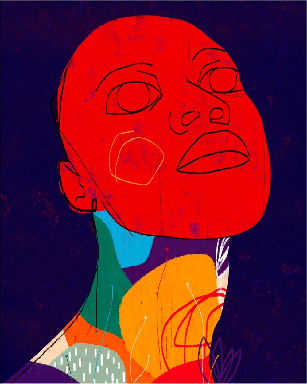colorful abstract portrait of a woman with a red face