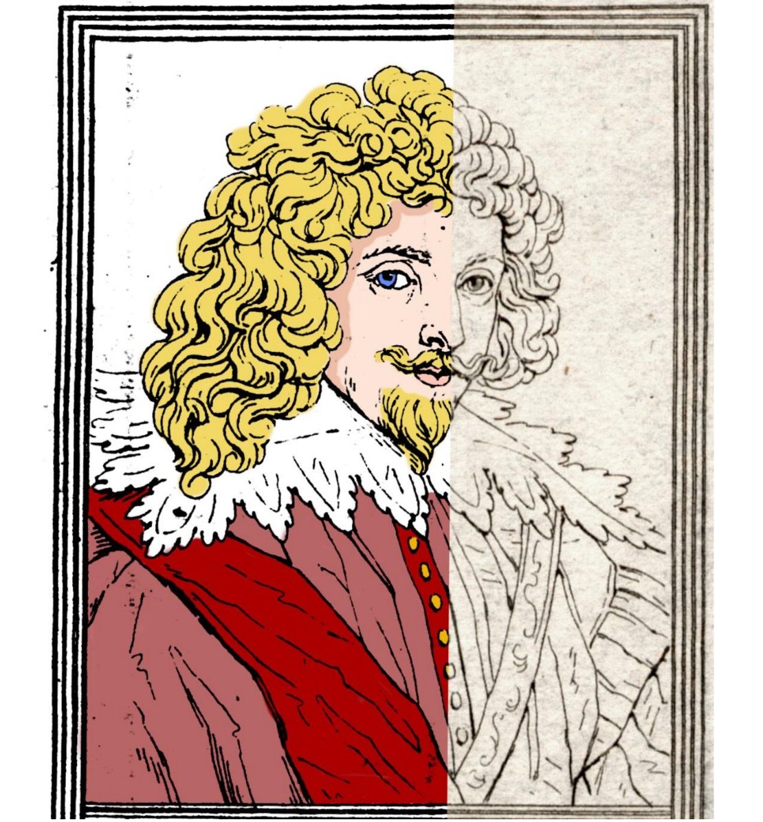 a halfway colored-in illustration of a man with long curly hair