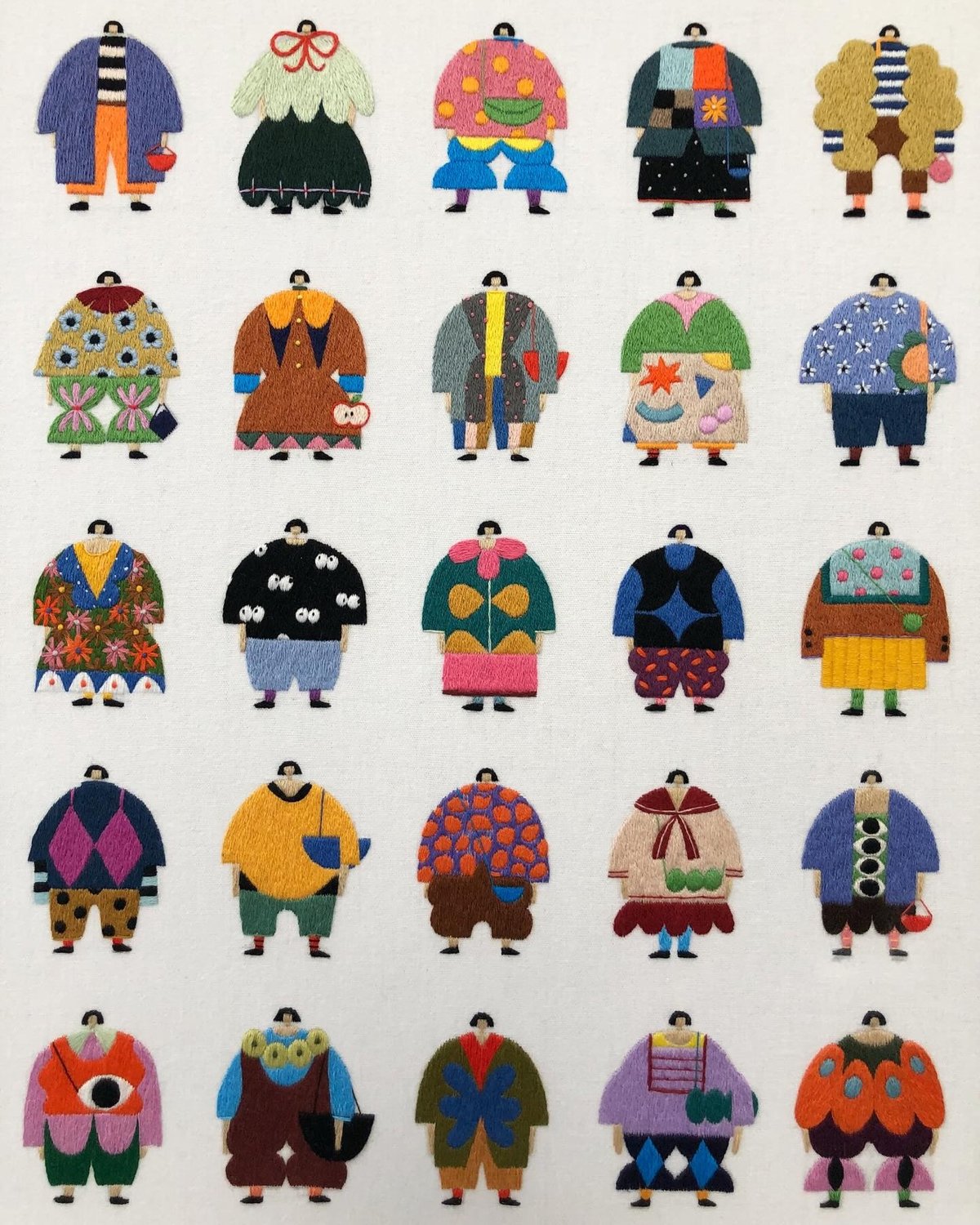 Grid of 25 whimsical embroidered figures with colorful patterned coats, black hair, and boots