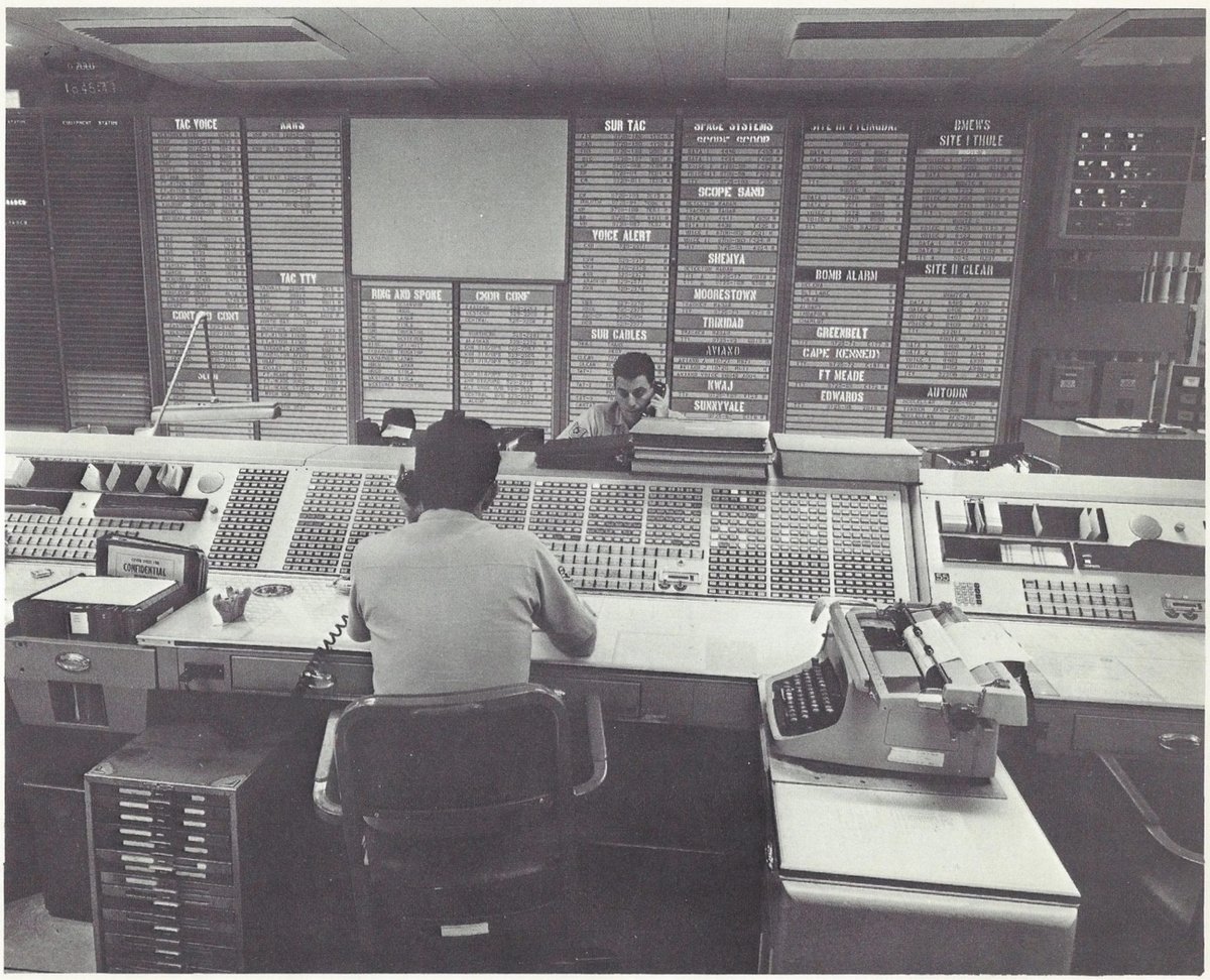 NORAD control room, with many panels, displays, and buttons