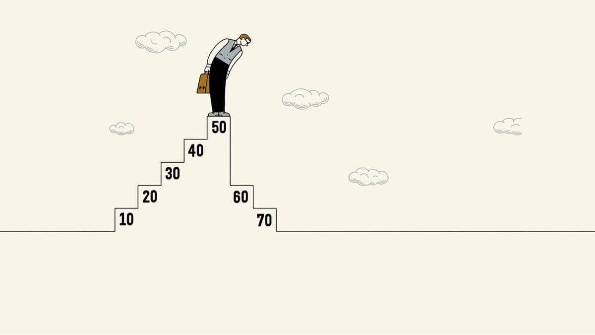 an illustration of a man with a briefcace standing on a set of stairs, looking down at the steep drop from 50 to 60
