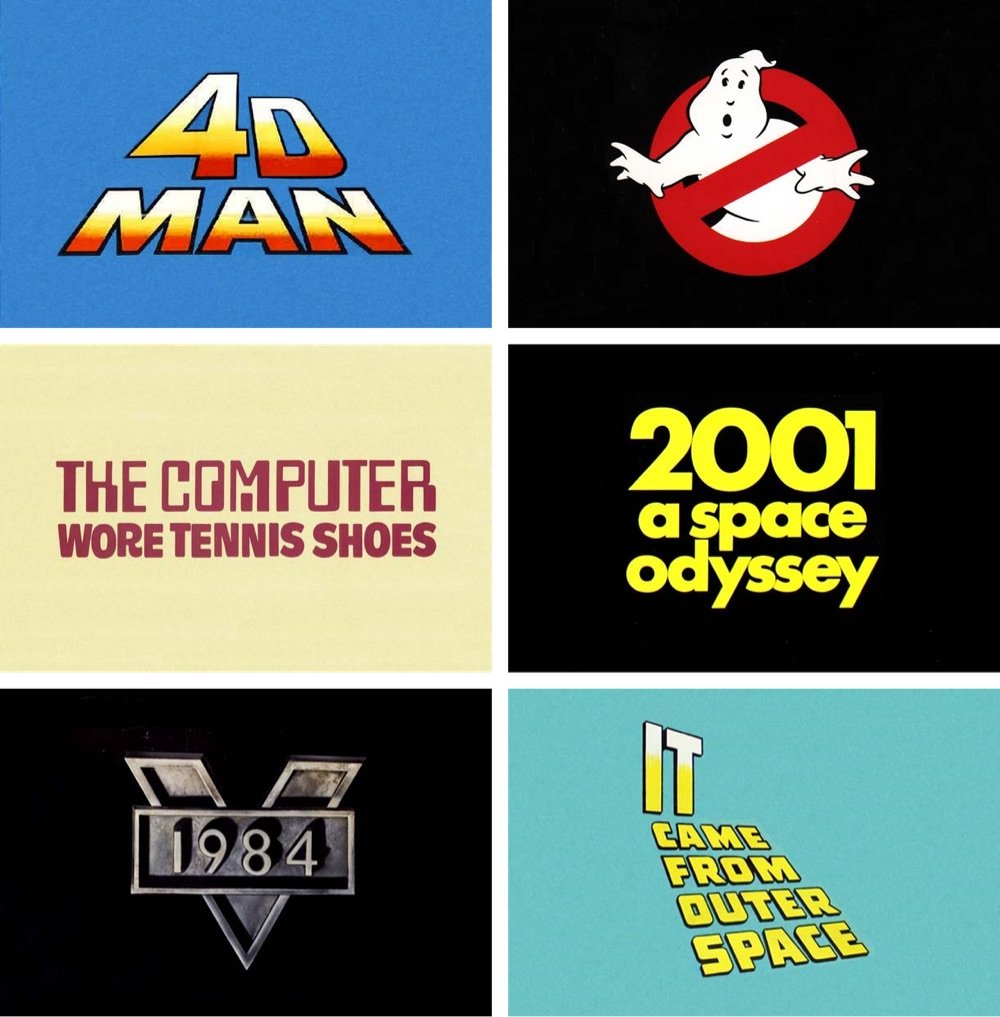a collection of sci-fi movie logos, including ones from 4D Man, Ghostbusters, The Computer Wore Tennis Shoes, 2001, 1984, and It Came From Outer Space