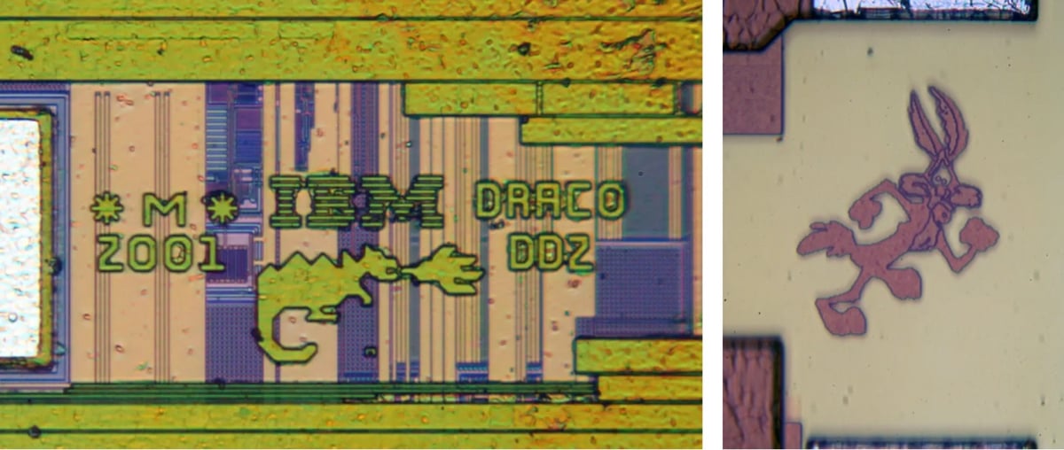 a dragon an Wile E. Coyote etched on a microchip