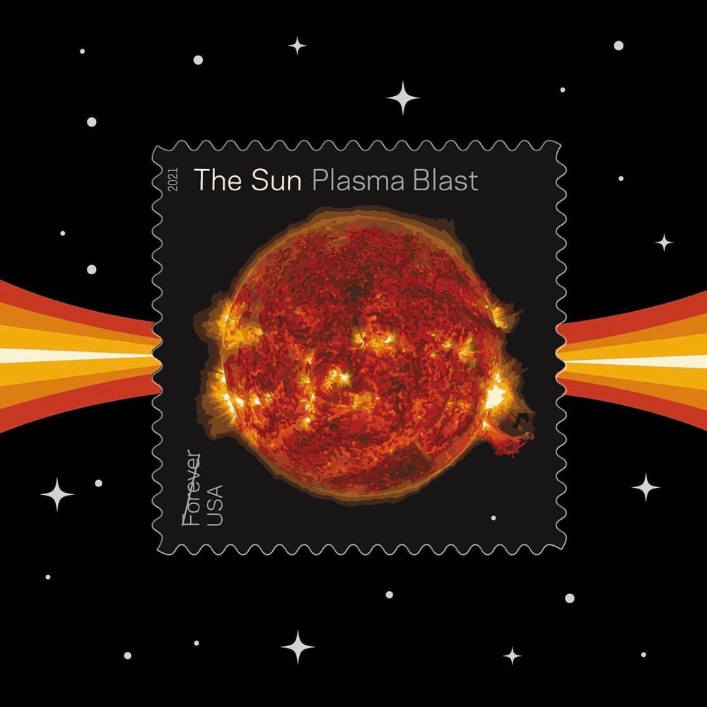 postage stamp with an image of a plasma blast from the Sun