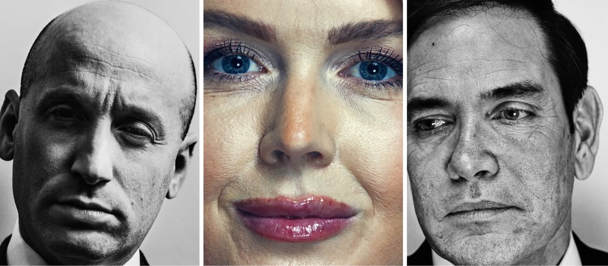 three close-up portraits of Stephen Miller, Karoline Leavitt, and Marco Rubio