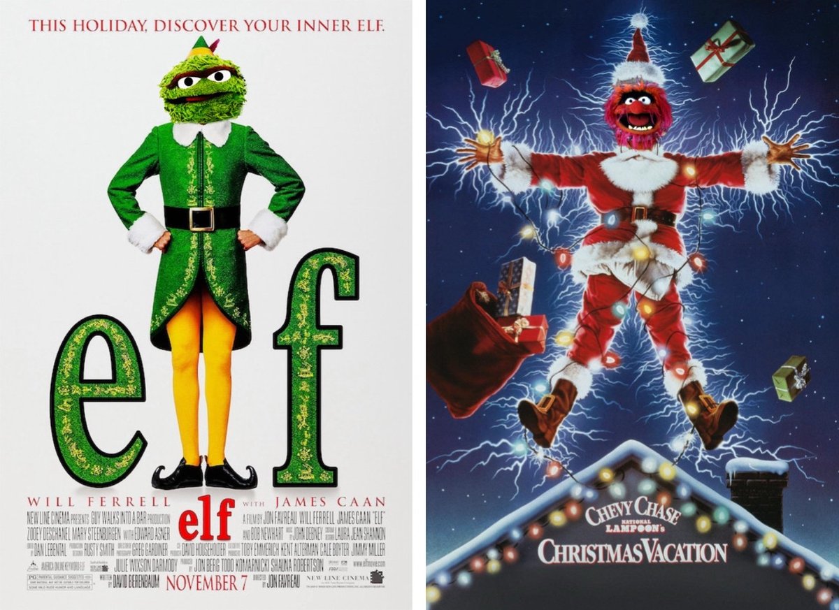 Oscar the Grouch as Buddy the Elf on the Elf poster; and Animal as Clark Griswold on the National Lampoon's Christmas Vacation poster
