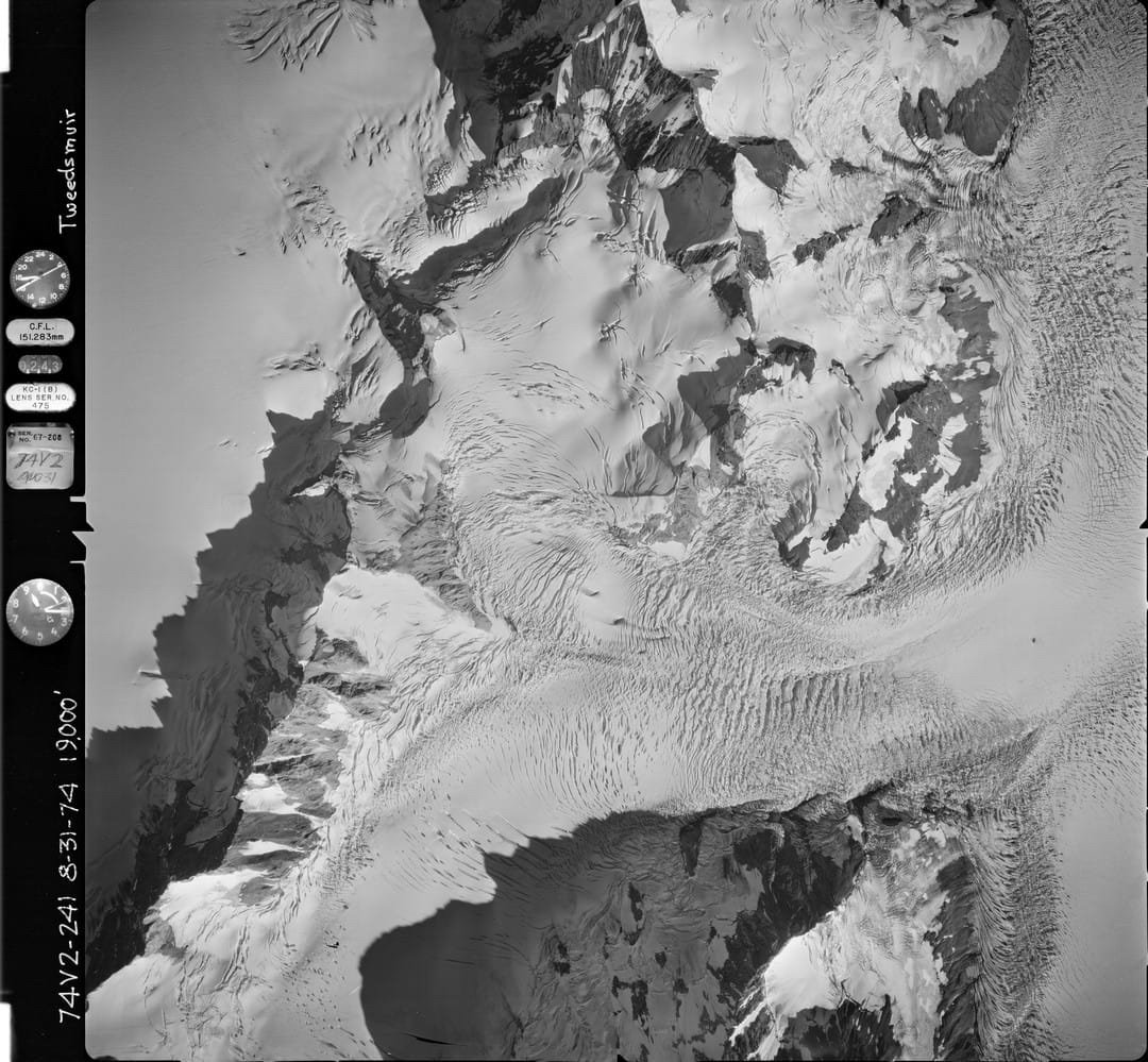 aerial b&w photo of a glacier