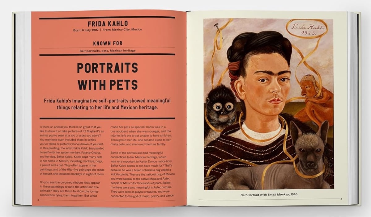 spread of a book featuring the art work of Frida Kahlo