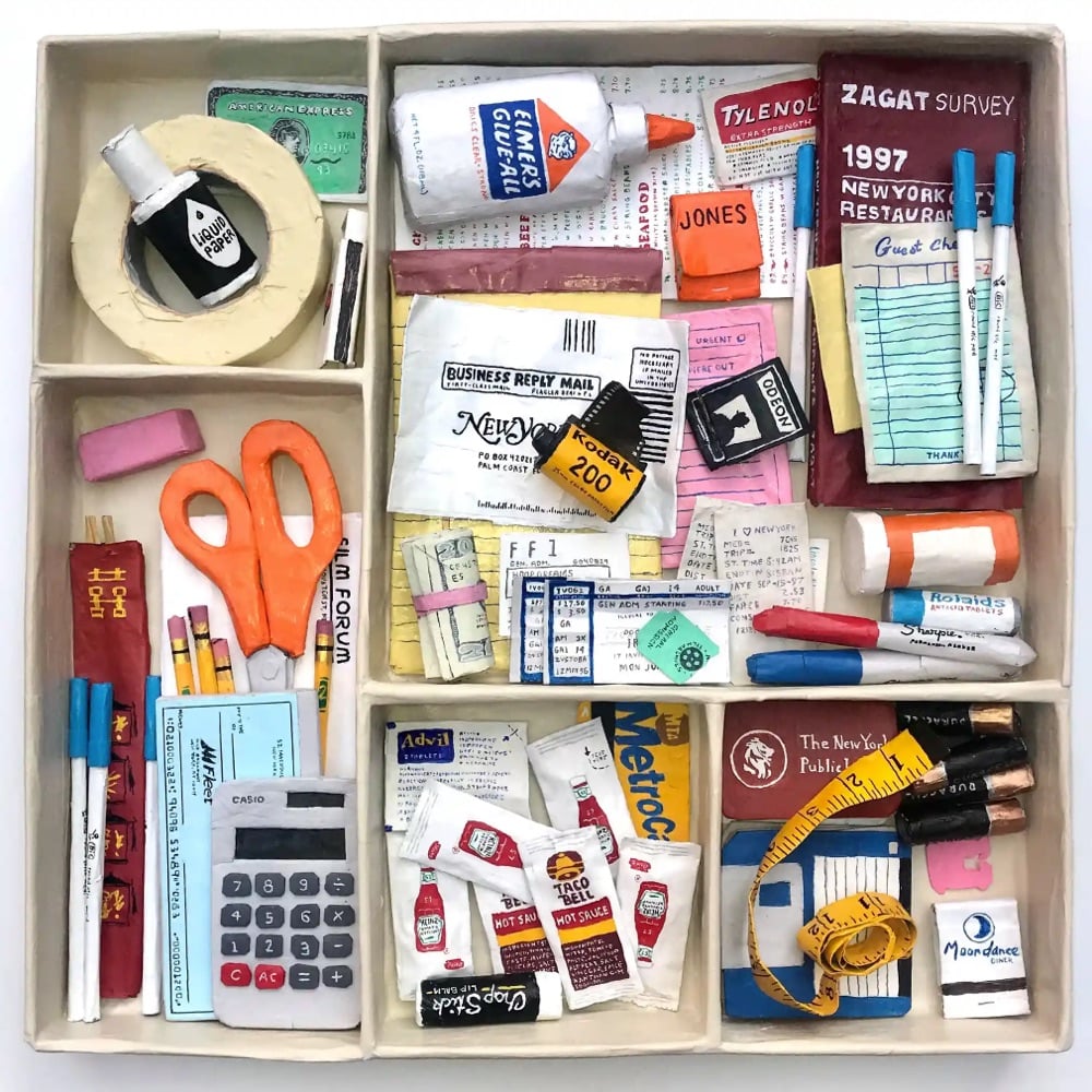a junk drawer made from paper mâché