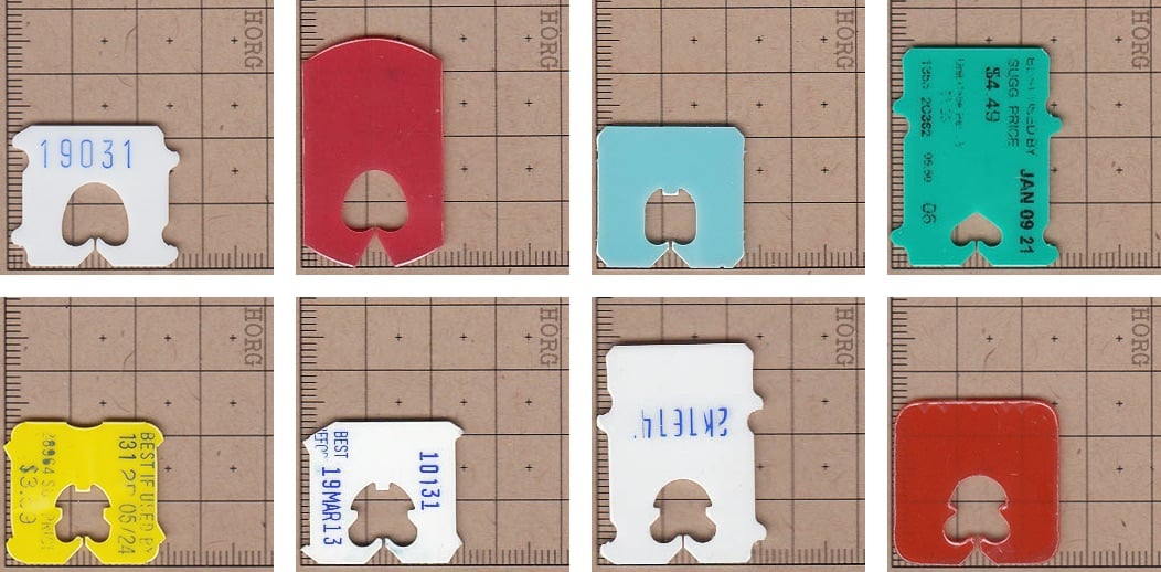 photographs of several specimens of plastic bread tags