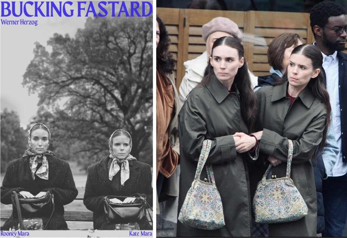 two images of Kate and Rooney Mara as identical twin sisters