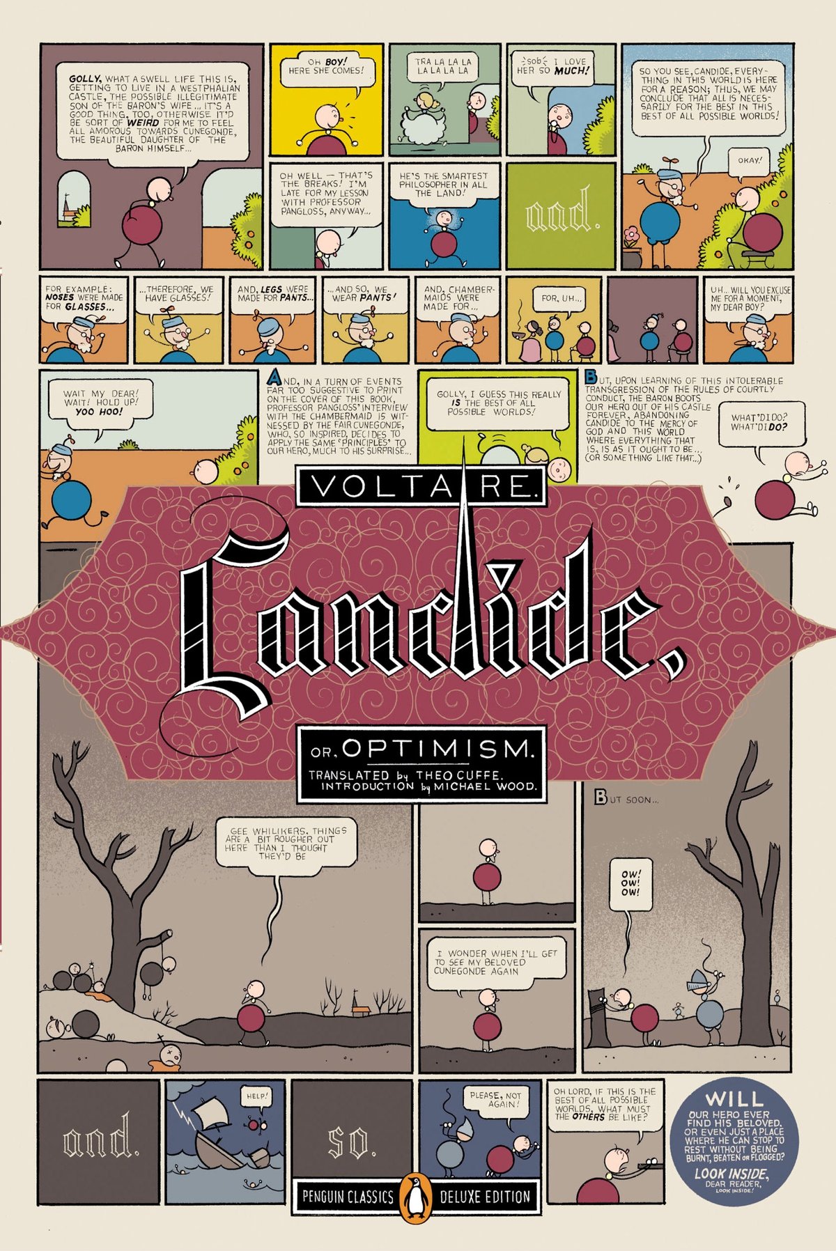 extremely detailed comic cover of Voltaire's Candide by Chris Ware