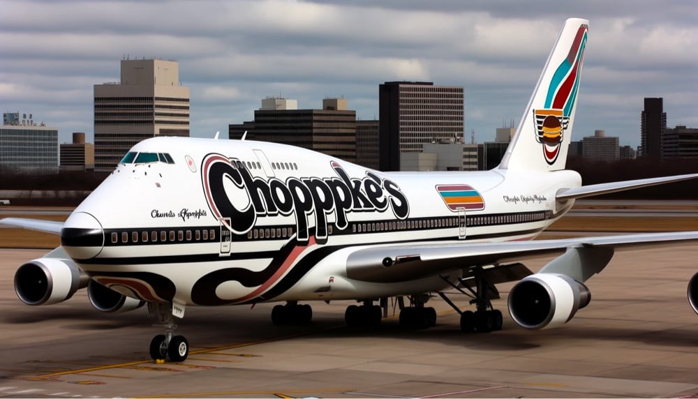 a large jet airplane with a Choppke's logo on it
