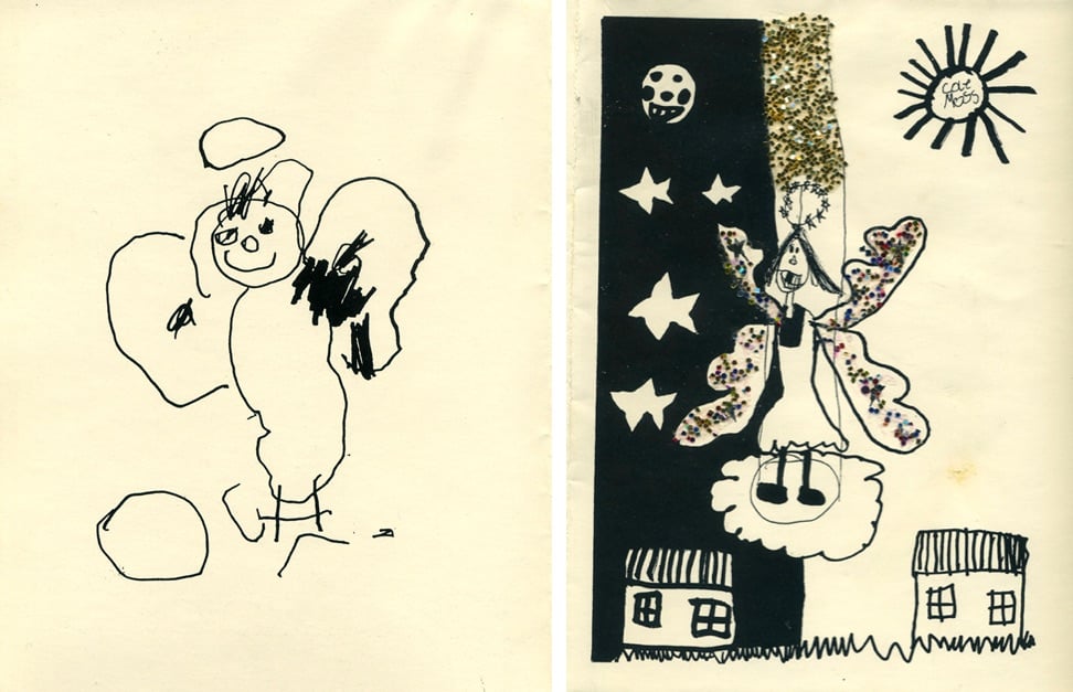 two little kid drawings of Christmas cards