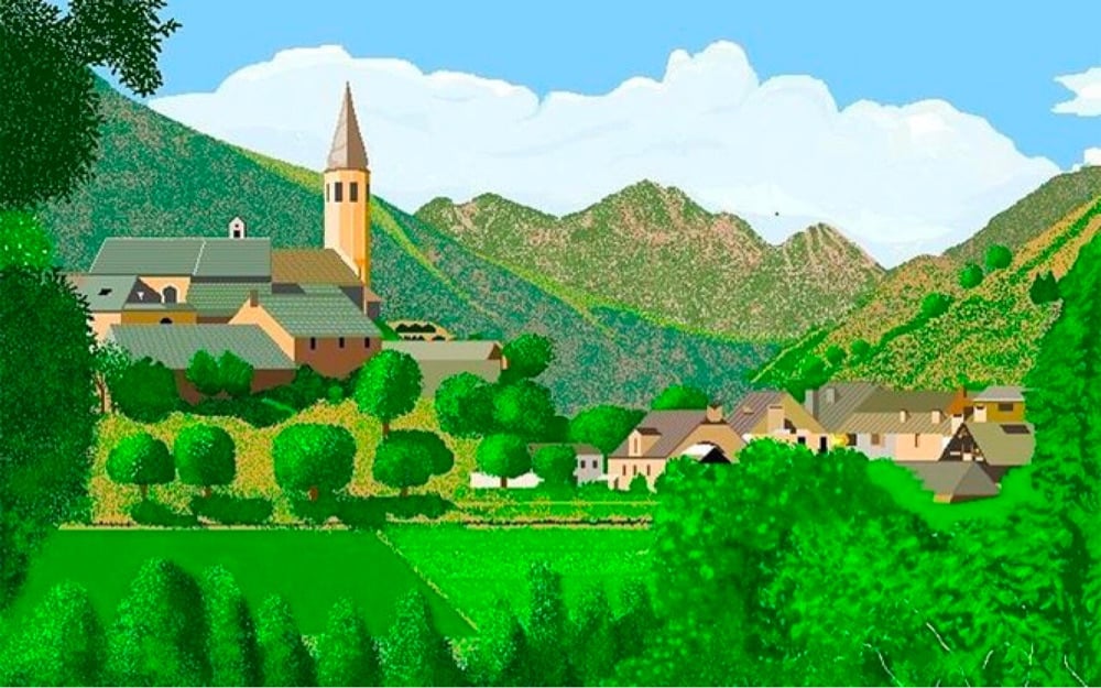 a digital painting of a small town nestled in a valley surrounded by mountains