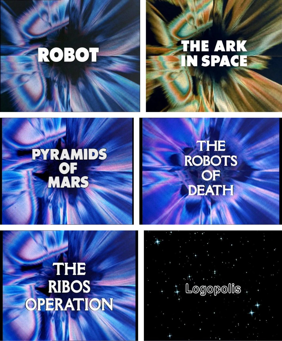 several title cards from various seasons of Dr Who