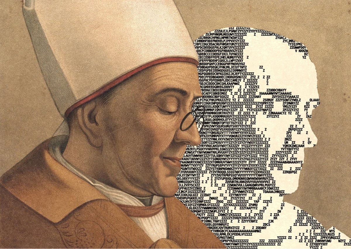 ASCII art overlaid on a painting of two religious men
