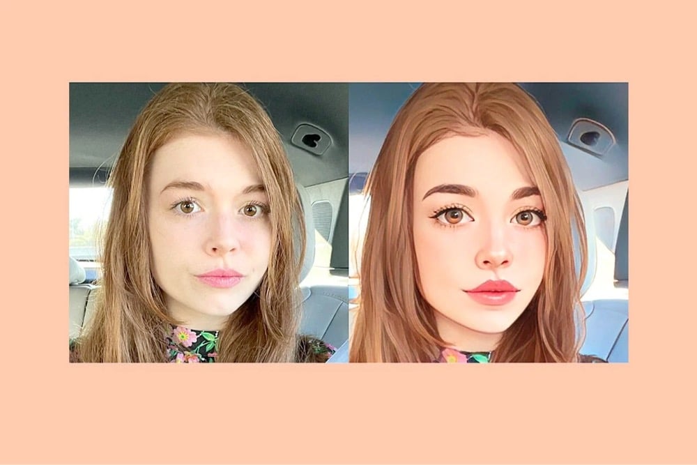 two photos of a woman, one unfiltered and one run through a 'cartoon' filter