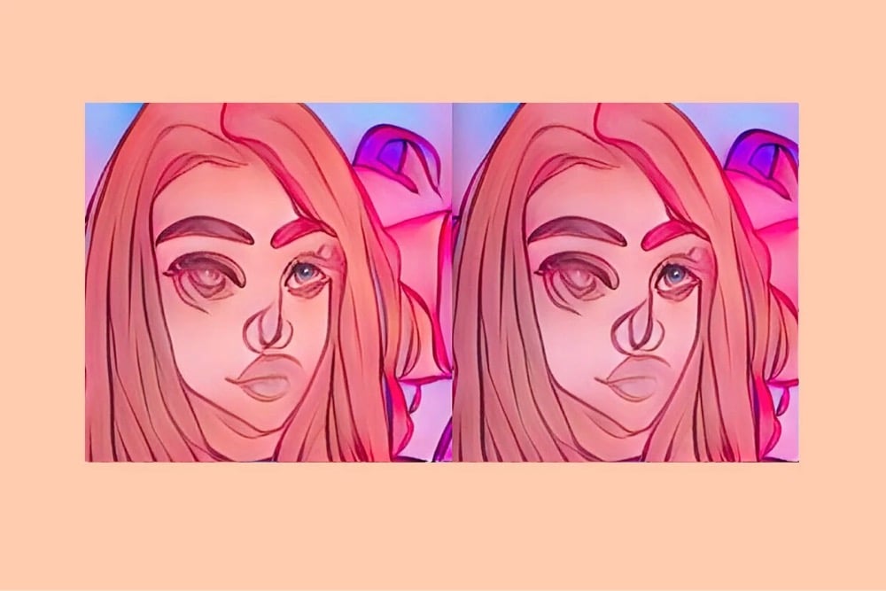 two images of a woman that have been run through a 'cartoon' filter several times