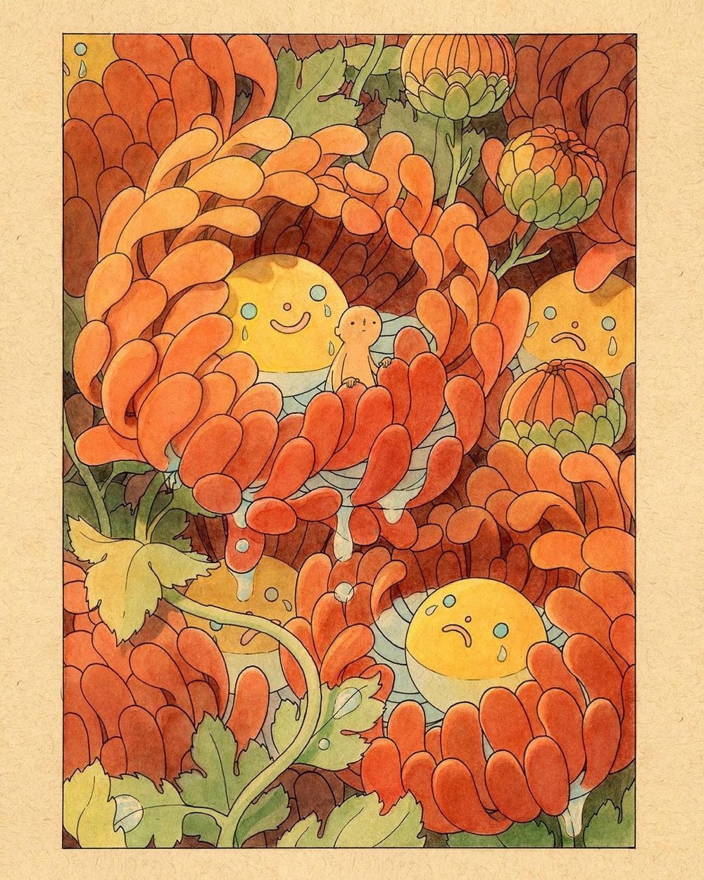 illustration of two yellow figures sitting in red flowers