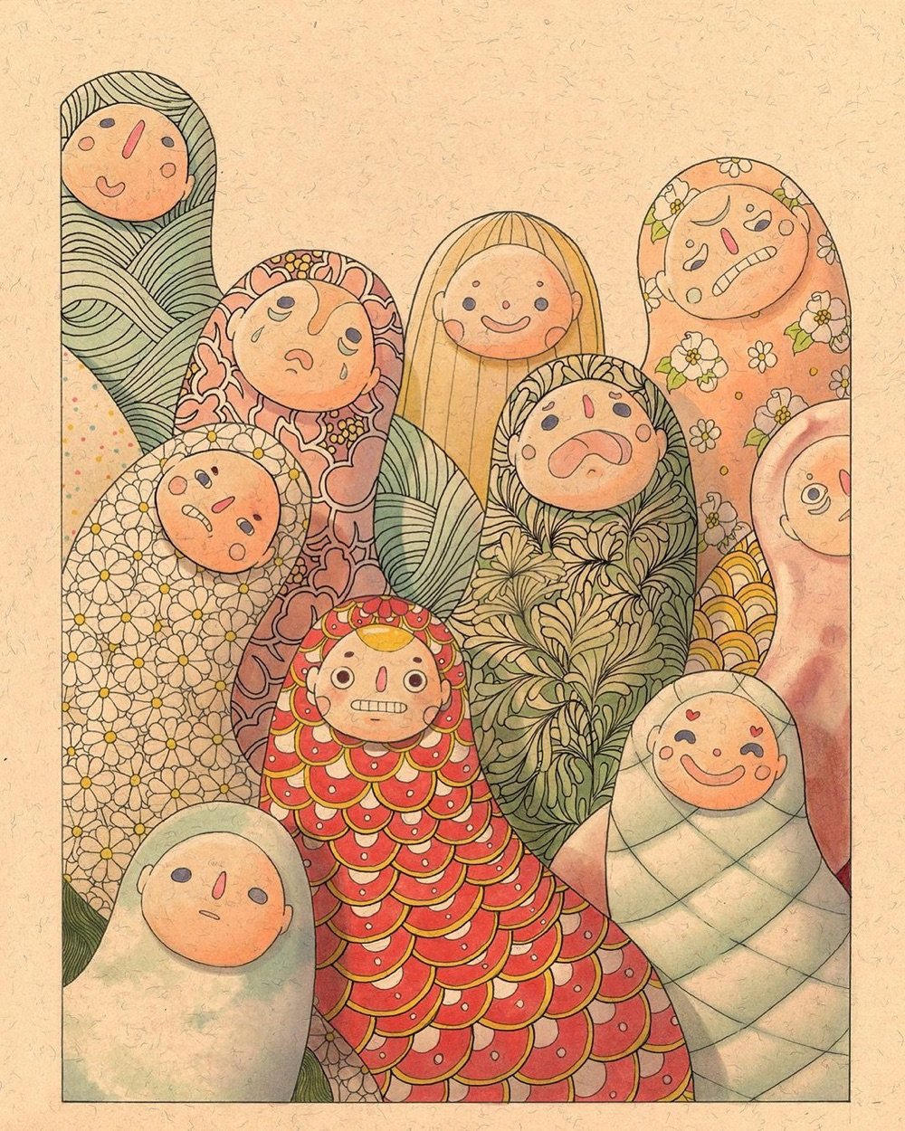illustration of several figures in patterned dress