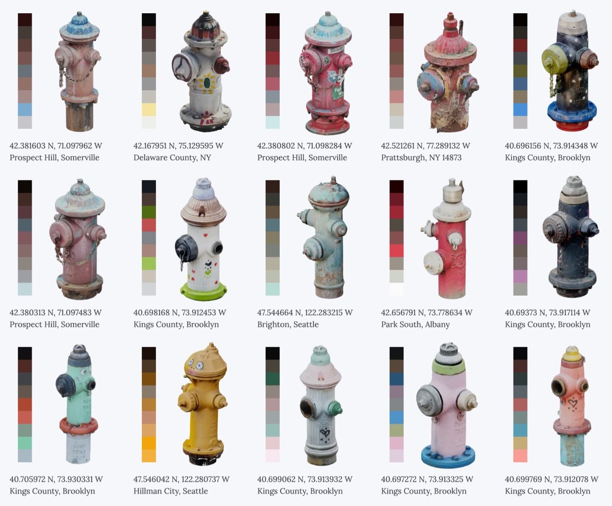 a grid of colorful fire hydrants