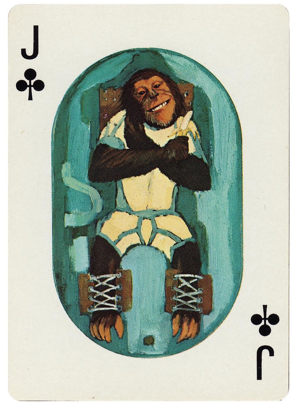 jack of clubs playing card with a space monkey eating a banana on it