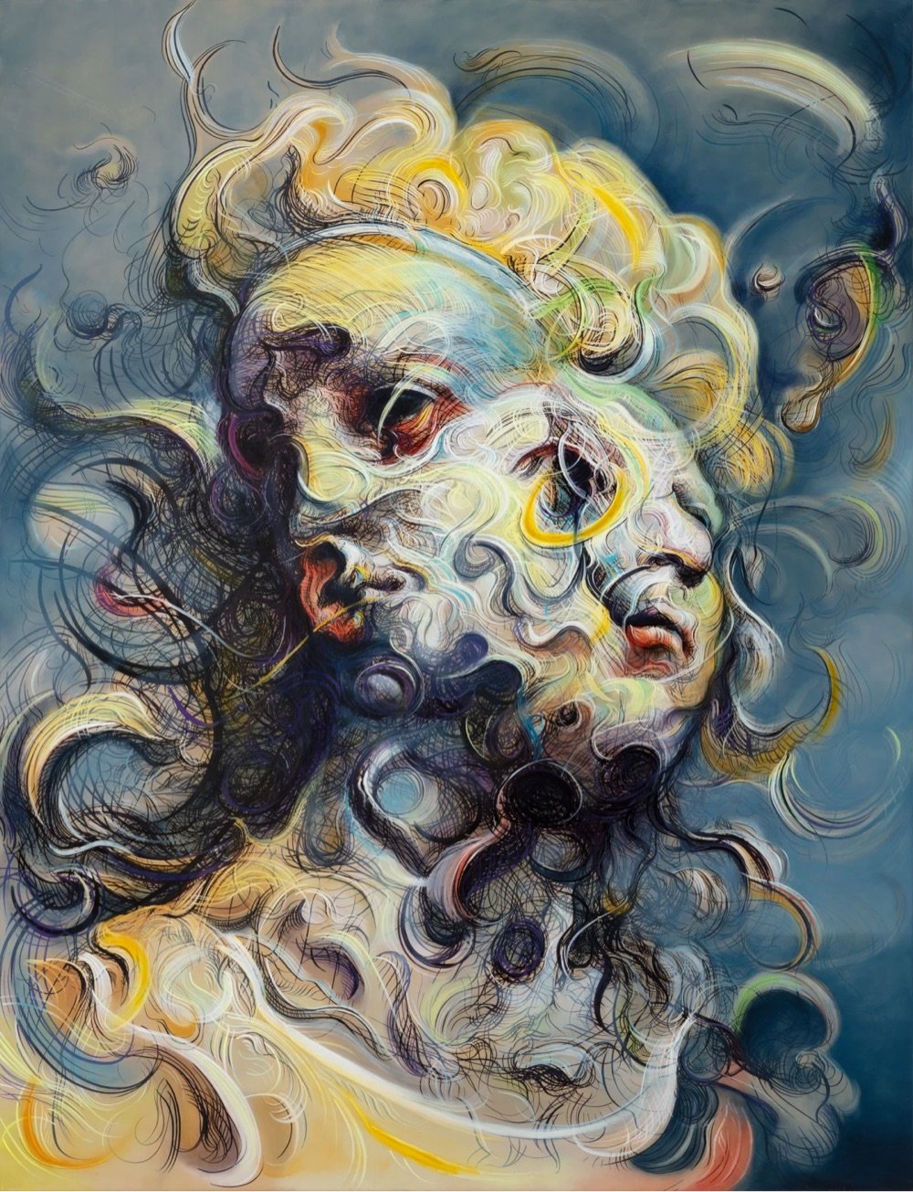 colorful surrealist impressionist painting of a woman with crazy hair