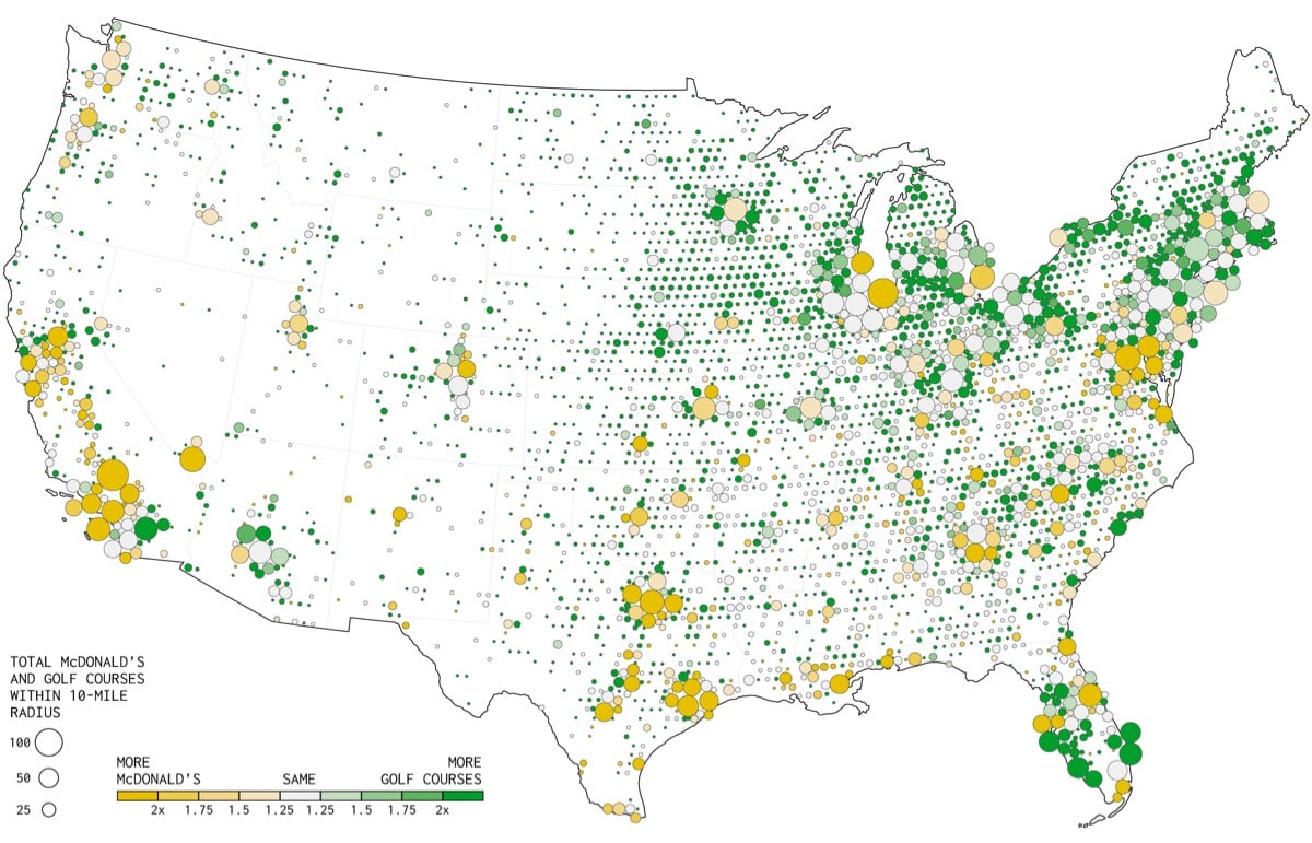 a map of the distribution of golf courses and McDonald's in the US
