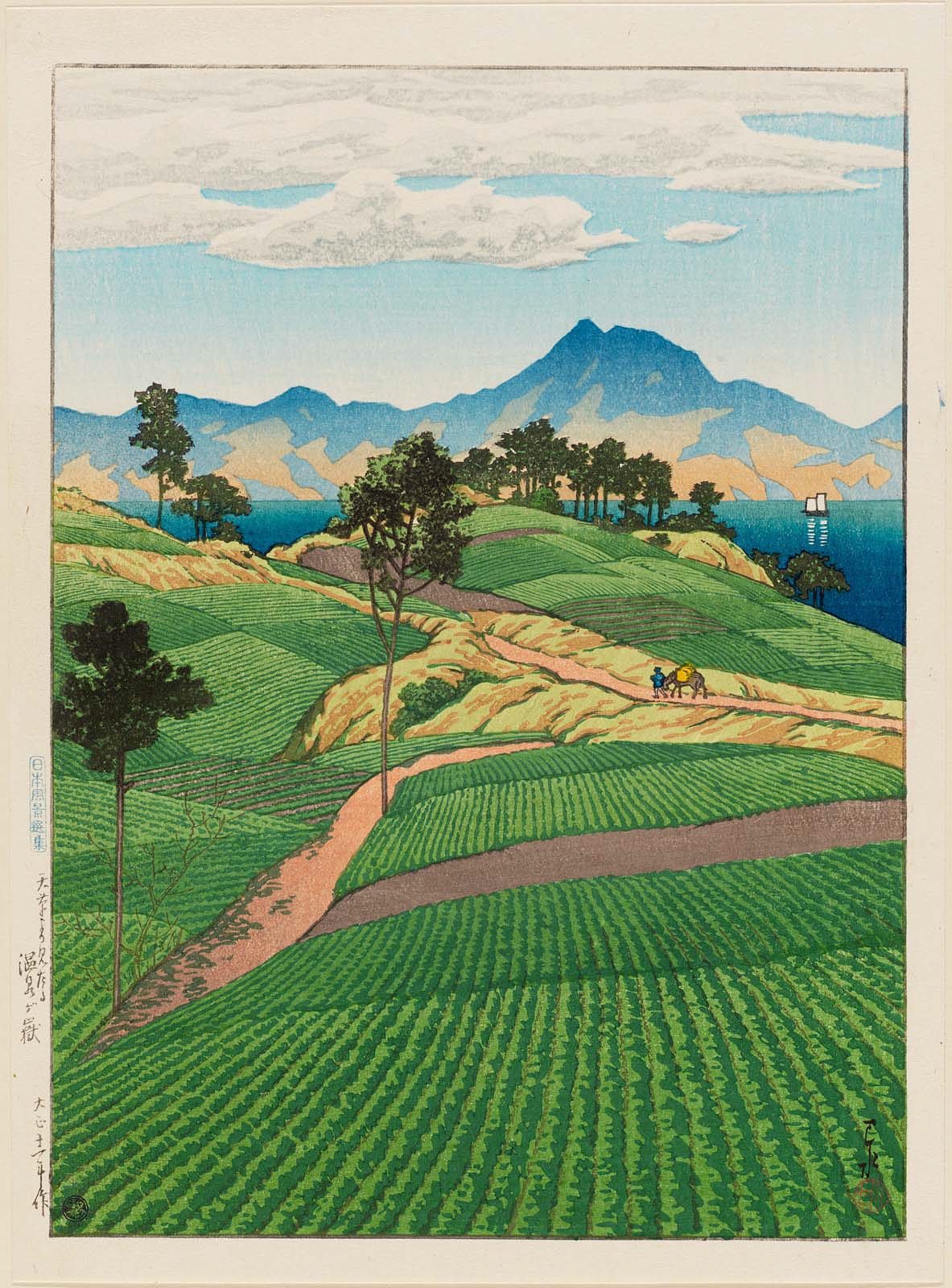 木版画，描绘了绿色田野和背景中的群山