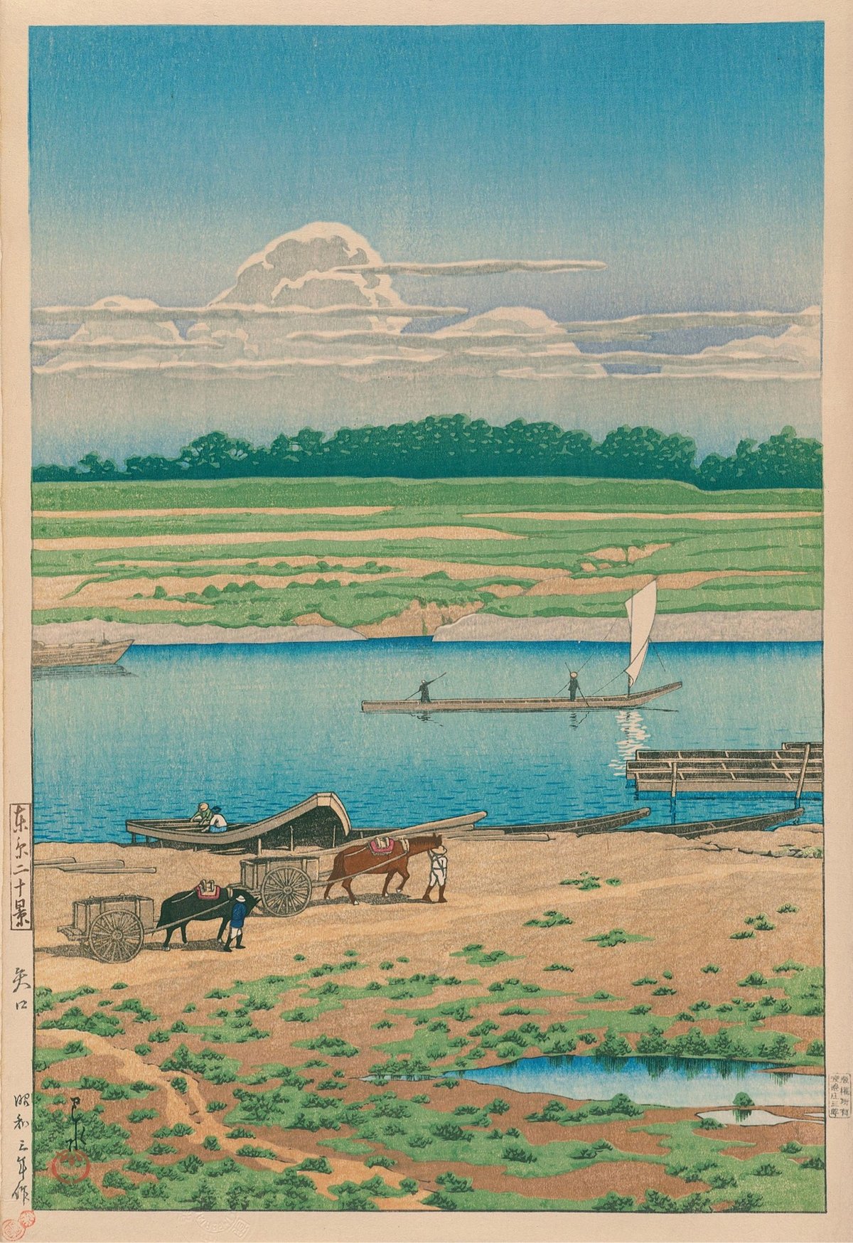 湖面上帆船的木版画
