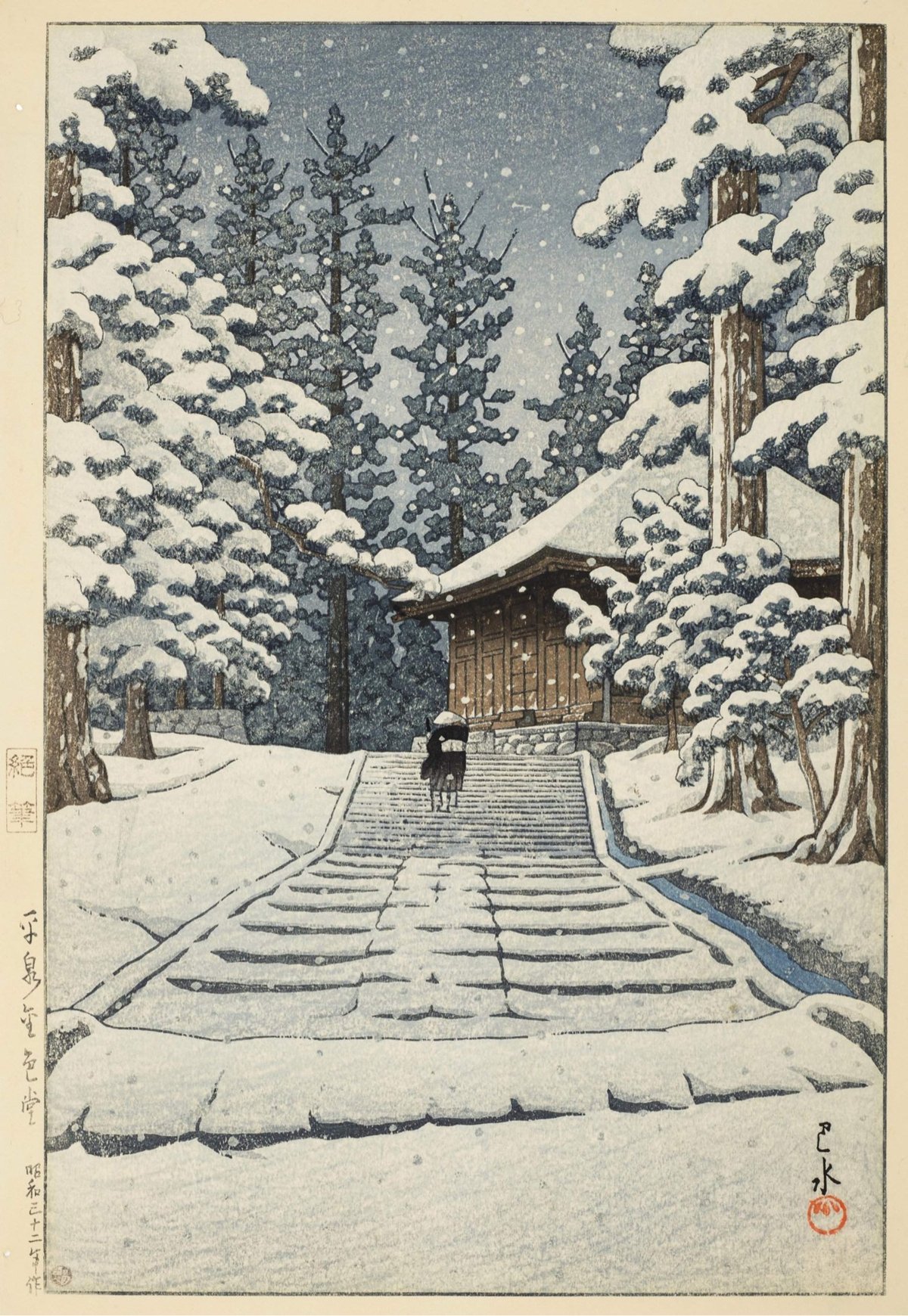 冬日景色的木版画